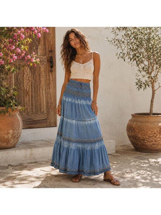 Indigo & Lace Dresses & Skirts - Boho Indigo Lace Womens Sz S Broomstick Maxi Skirt Smocked Tiered Embroidered